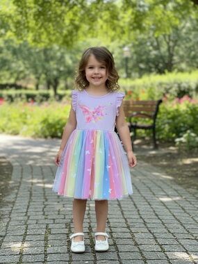 SHEIN Pastel Rainbow Butterfly Tulle Dress - Pink, Lavender, Yellow, Blue, Green
